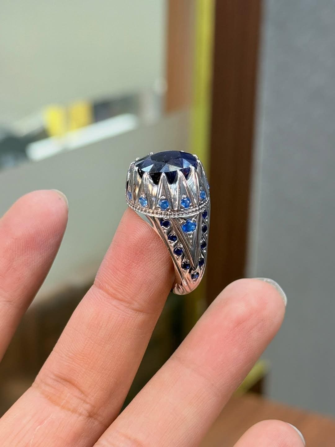 Sterling Silver Men's Ring: Natural Blue Sapphire Islamic Design