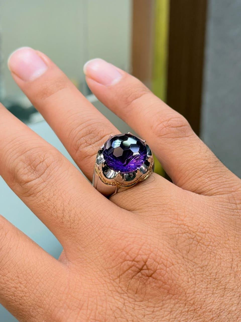 Amethyst Men's Ring: Sterling Silver Band with Gold Accents - Image 4