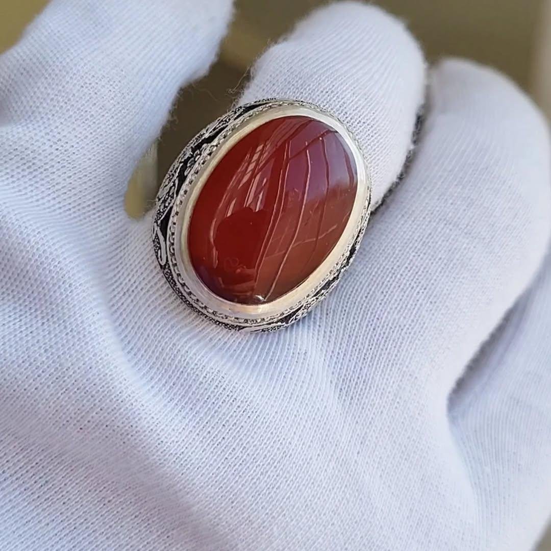 Ottoman Style Aqeeq Stone Ring: 925 Sterling Silver Handmade Men's Ring - Image 4