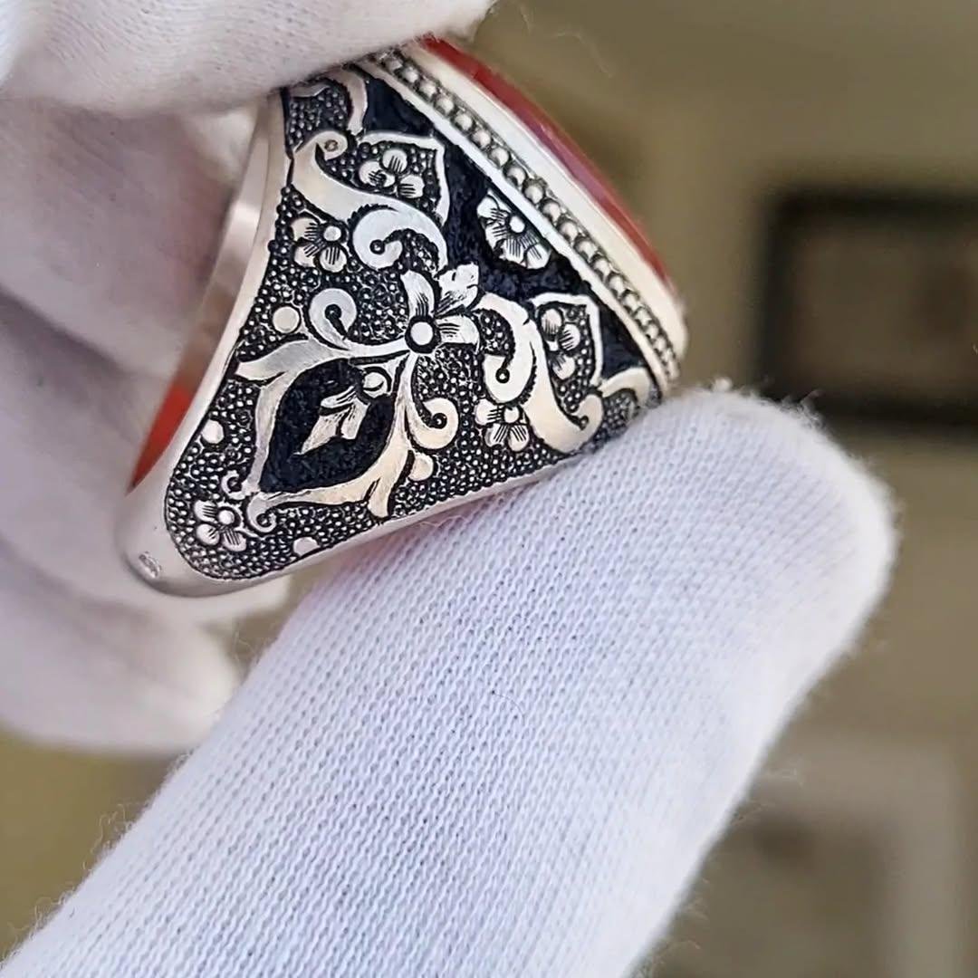 Ottoman Style Aqeeq Stone Ring: 925 Sterling Silver Handmade Men's Ring - Image 2