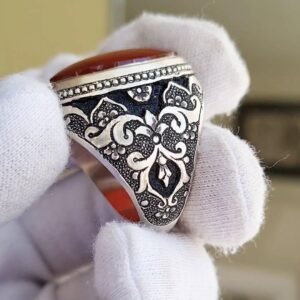 Ottoman Style Aqeeq Stone Ring: 925 Sterling Silver Handmade Men's Ring