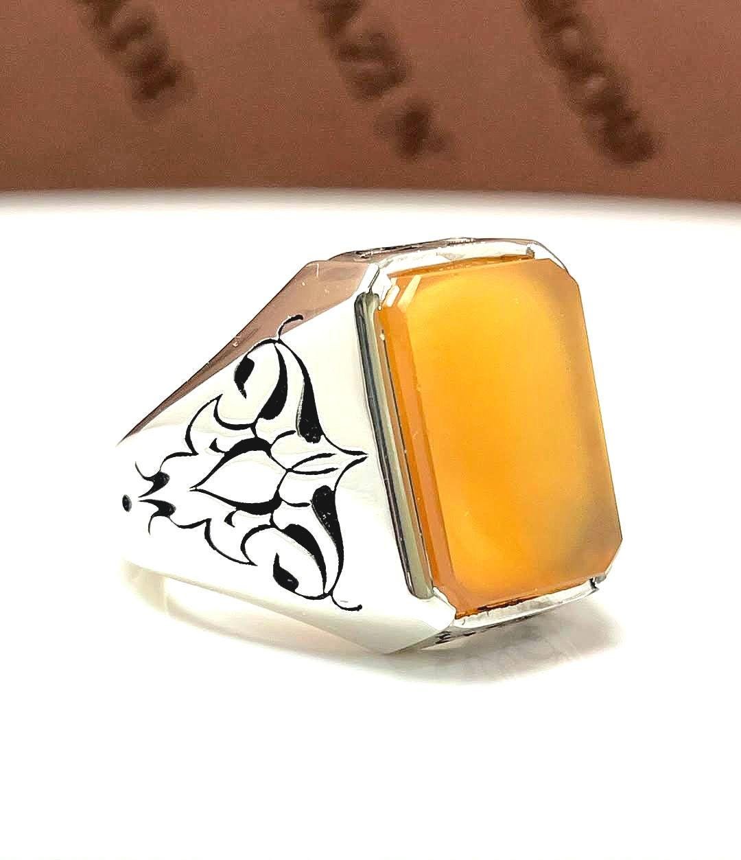 Handmade Yellow Agate Ring: Sterling Silver Gothic Signet