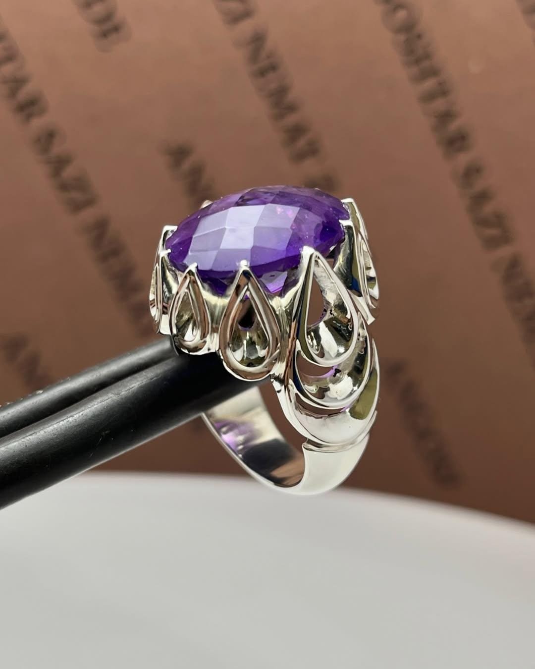 Handmade Amethyst Signet Ring: 925 Sterling Silver, Art Deco Style