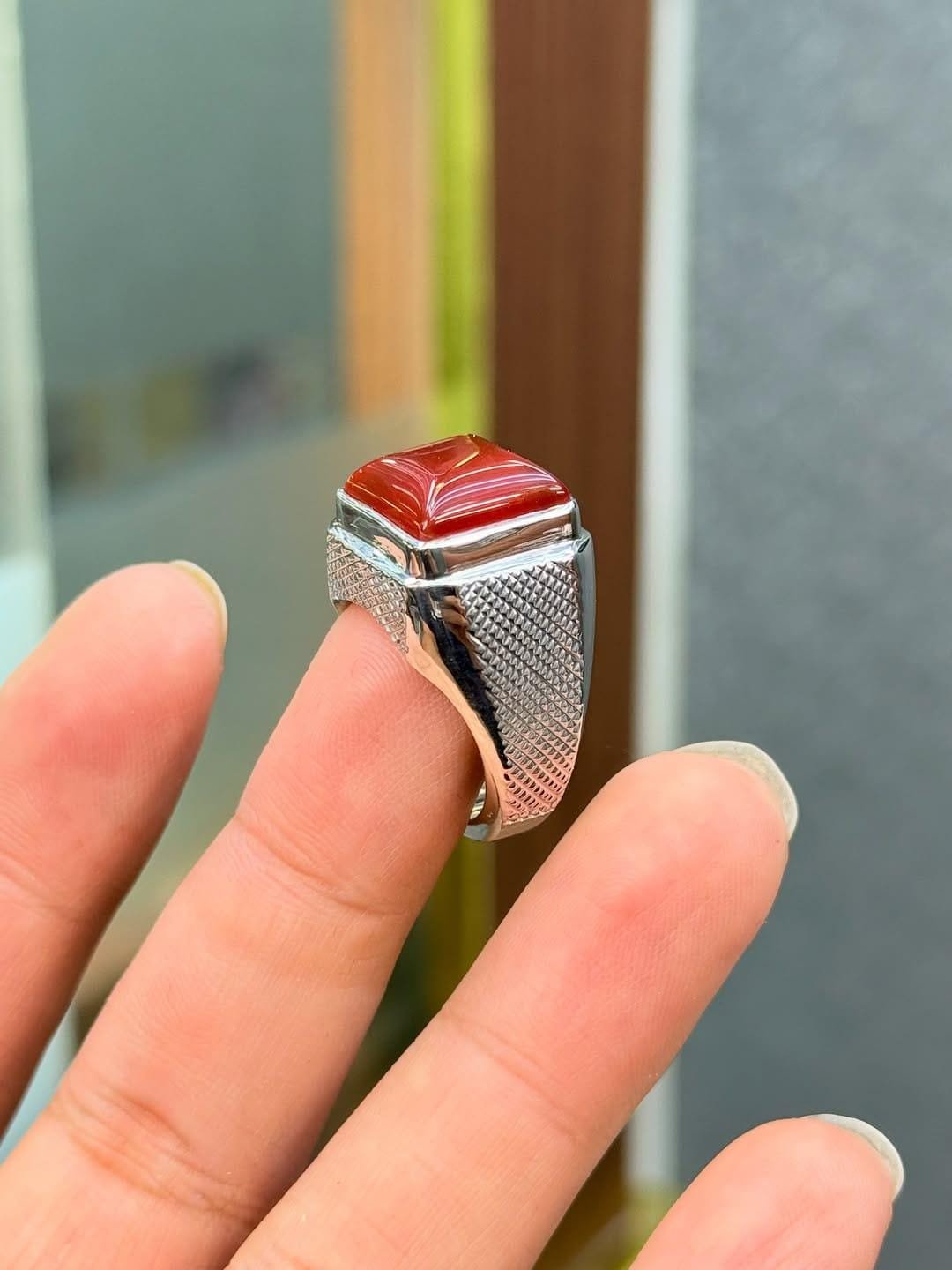 Engraved Sterling Silver Yemeni Aqeeq Ring: Islamic Red Agate Signet