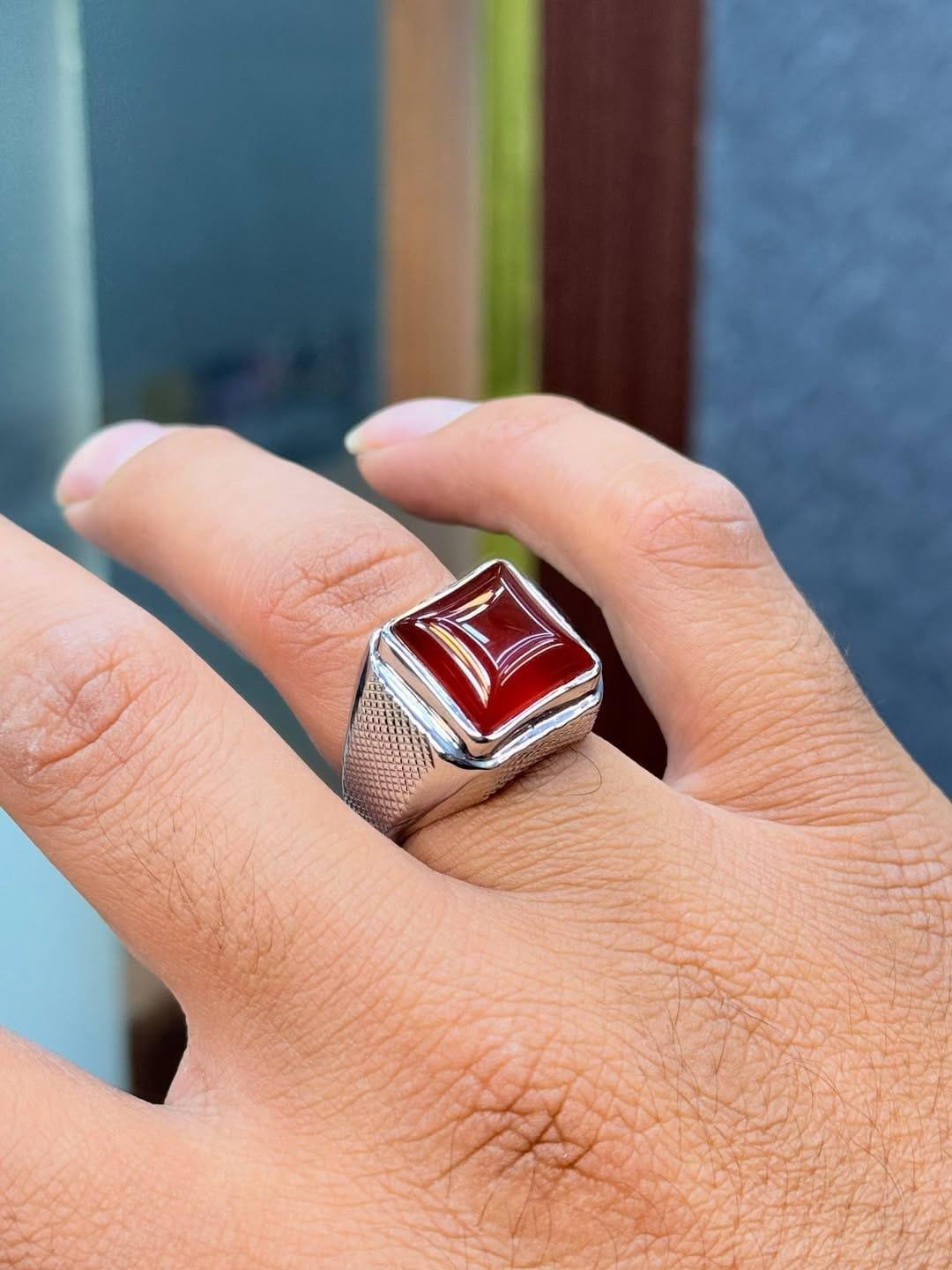 Engraved Sterling Silver Yemeni Aqeeq Ring: Islamic Red Agate Signet - Image 4