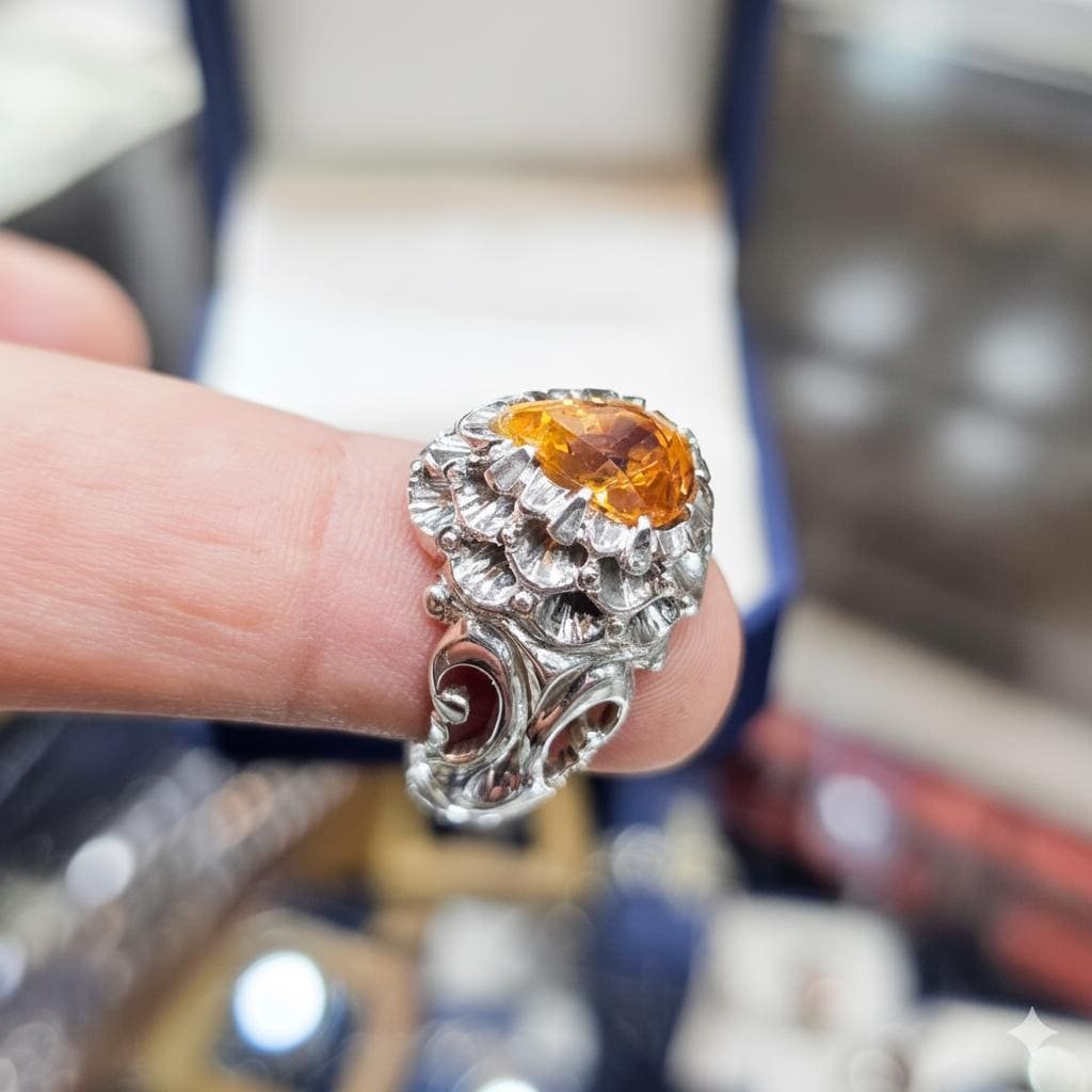 Mens Pear Cut Citrine Ring: Sterling Silver Statement Anniversary Gift
