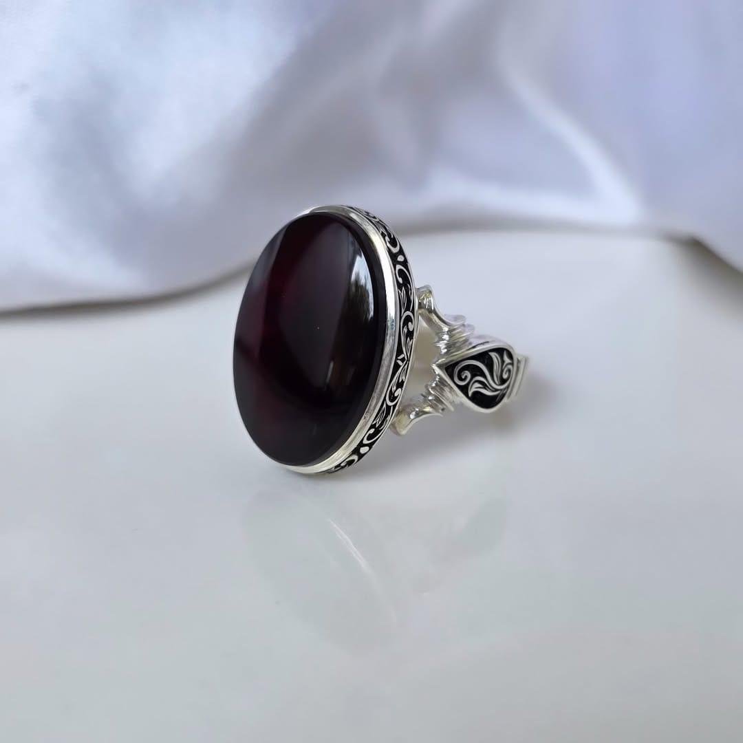 Handmade Sterling Silver Aqeeq Ring: Boho Mens Signet Jewelry - Image 7