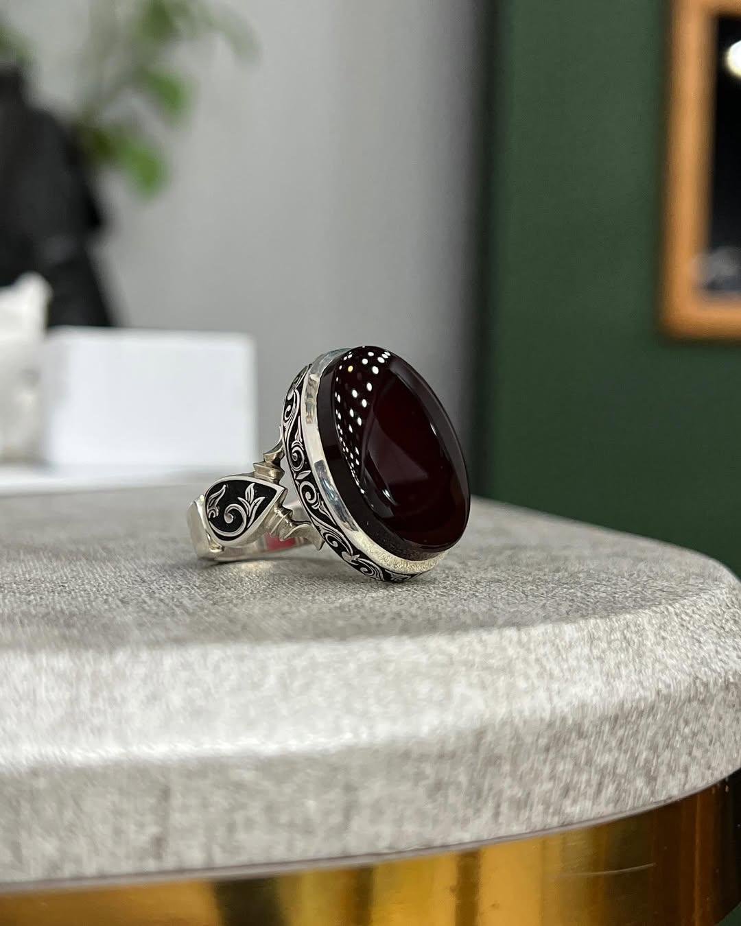 Handmade Sterling Silver Aqeeq Ring: Boho Mens Signet Jewelry