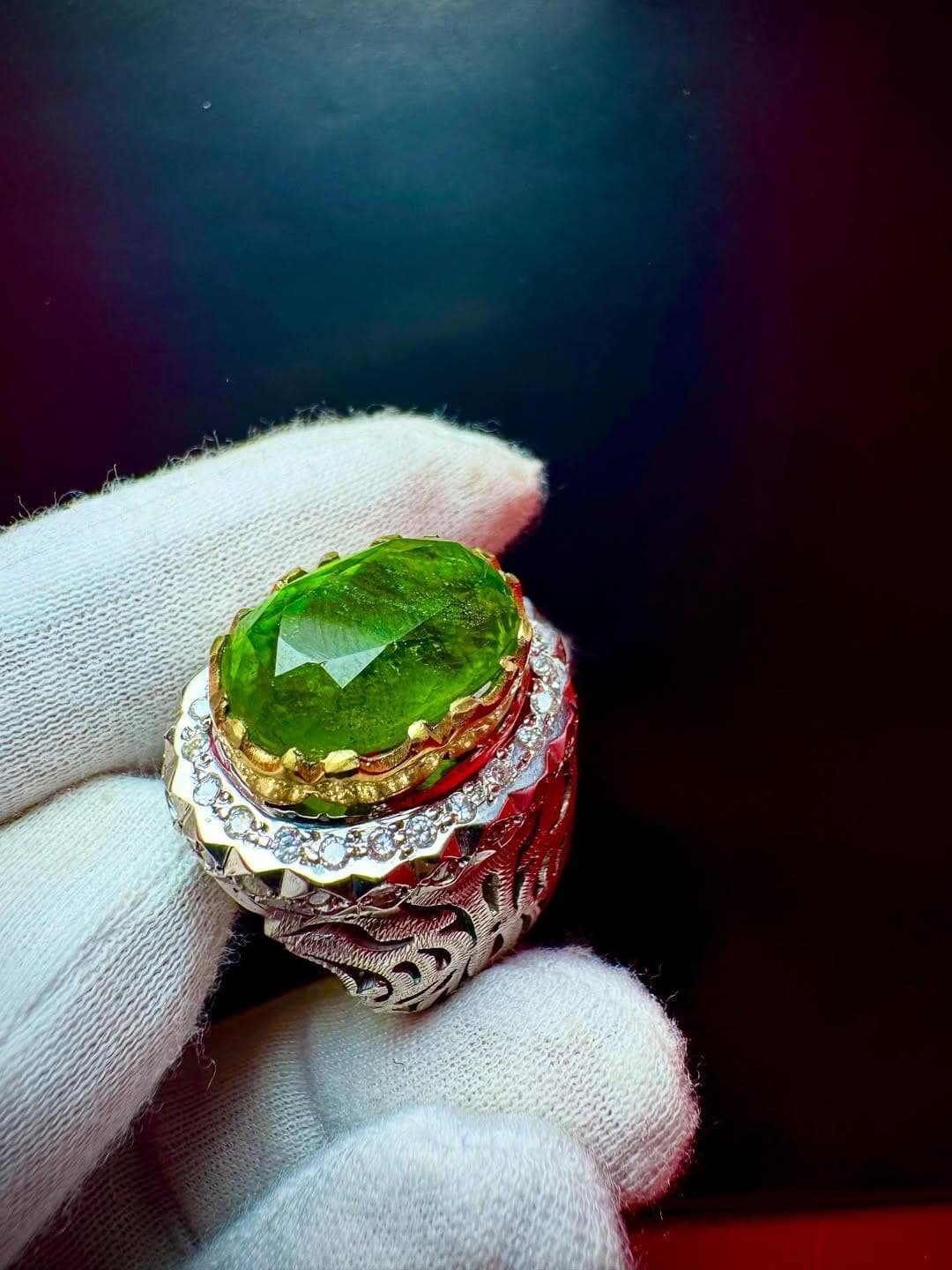 Green Peridot Sterling Silver Men's Ring with Gold Accents - Image 2