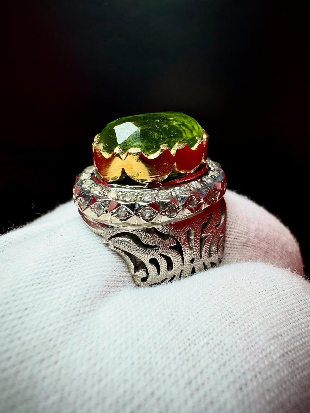 Green Peridot Sterling Silver Men's Ring with Gold Accents