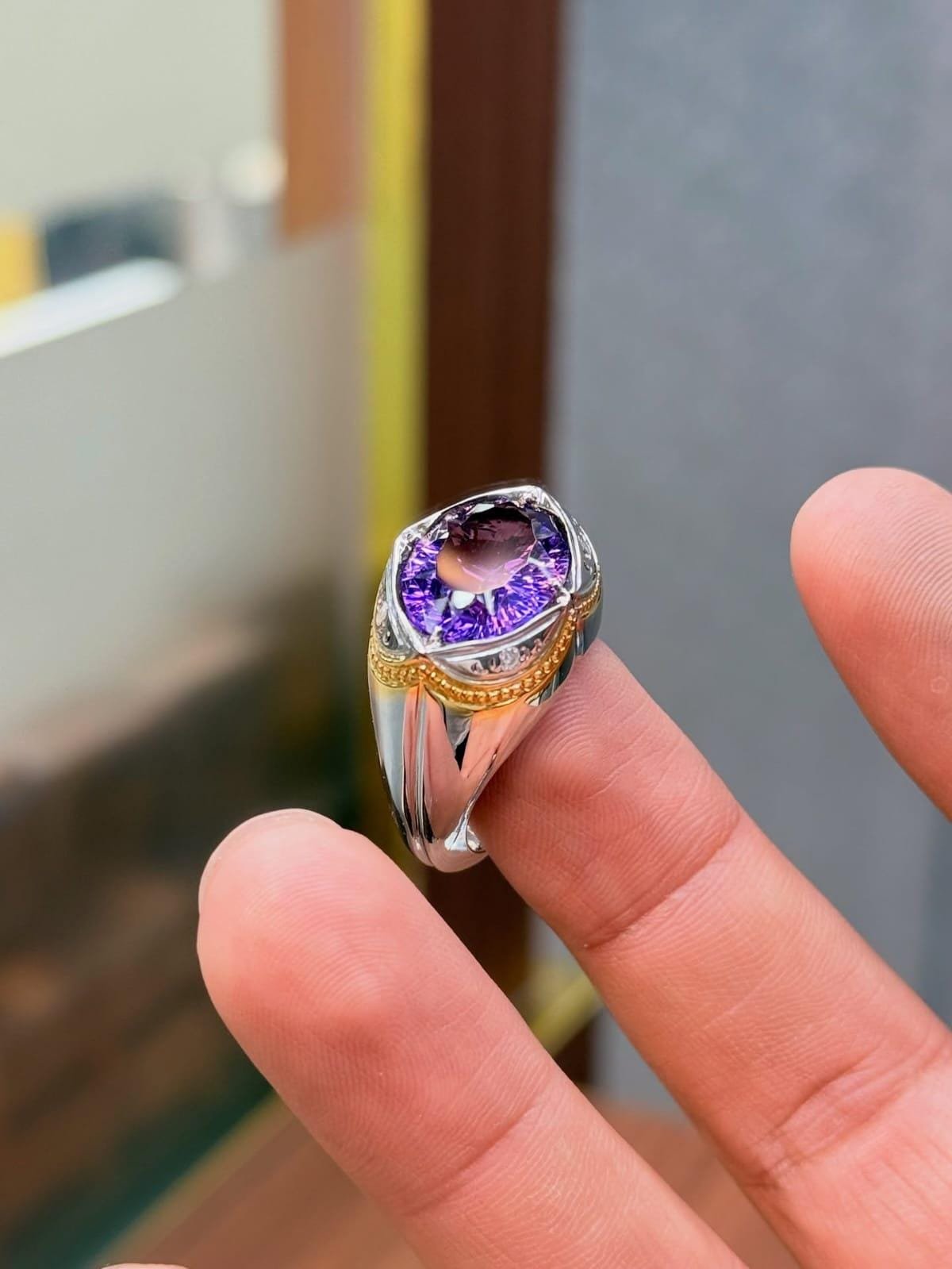 Amethyst Ring Mens Ring 925 Sterling Silver Ring Two Tone Ring Purple Gemstone Signet Ring Handmade Statement Ring Gift for Him