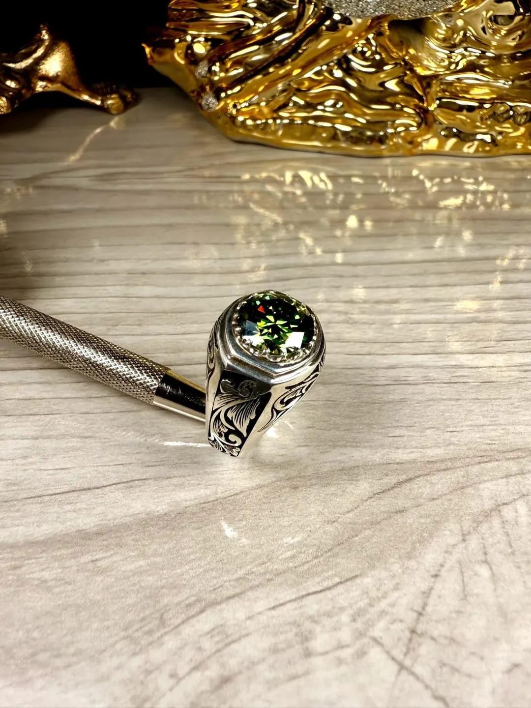 10 Carat Green Moissanite Ring | Handmade Art Deco 925 Sterling Silver - Image 3