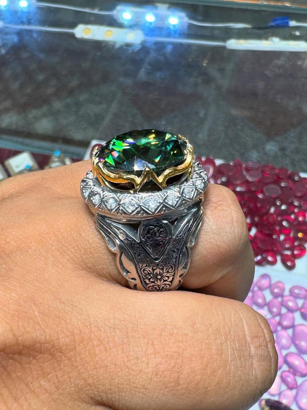 10 Carat Green Moissanite Ring | Art Deco 925 Sterling Silver Engagement Ring - Image 3