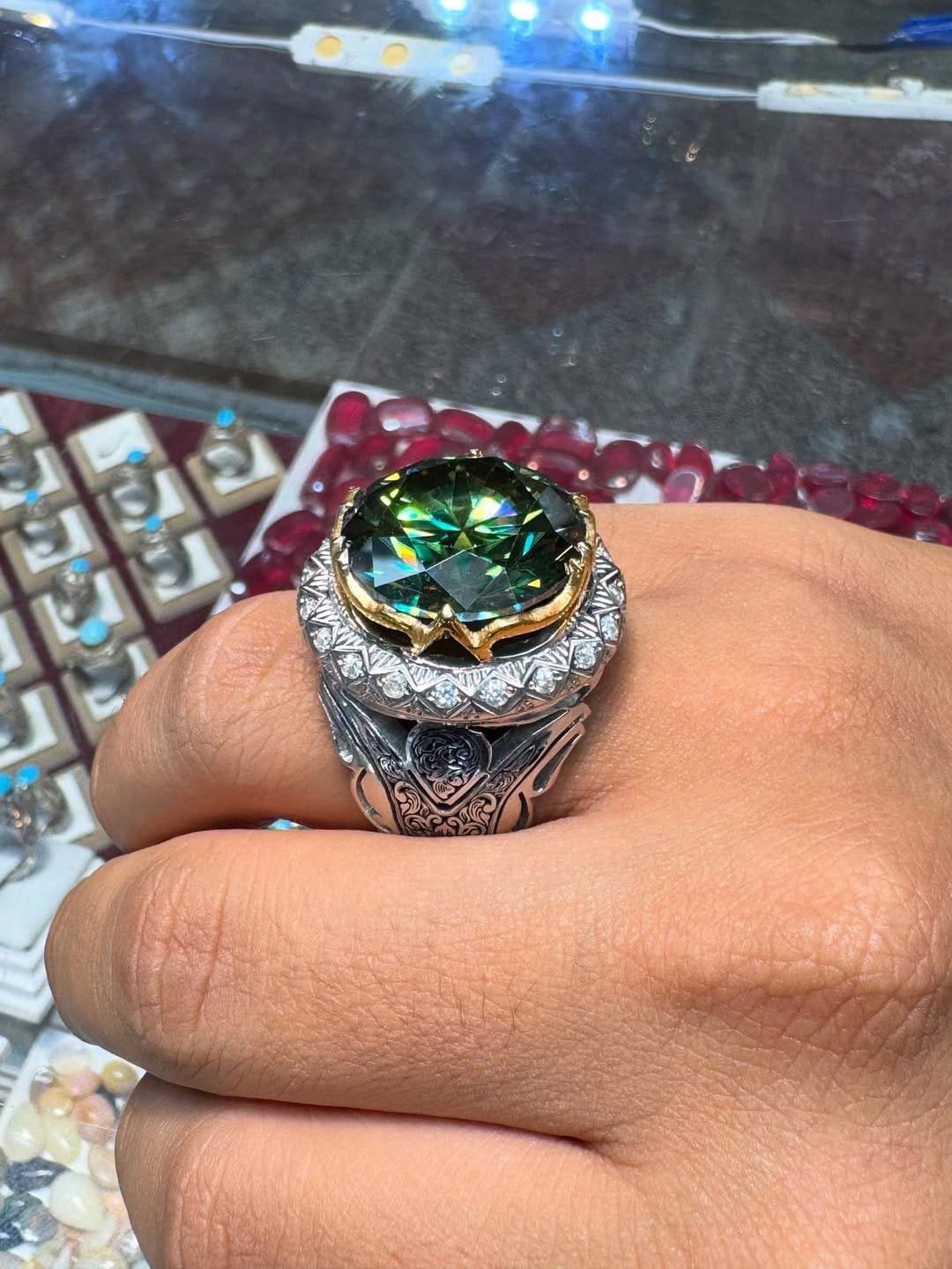 10 Carat Green Moissanite Ring | Art Deco 925 Sterling Silver Engagement Ring