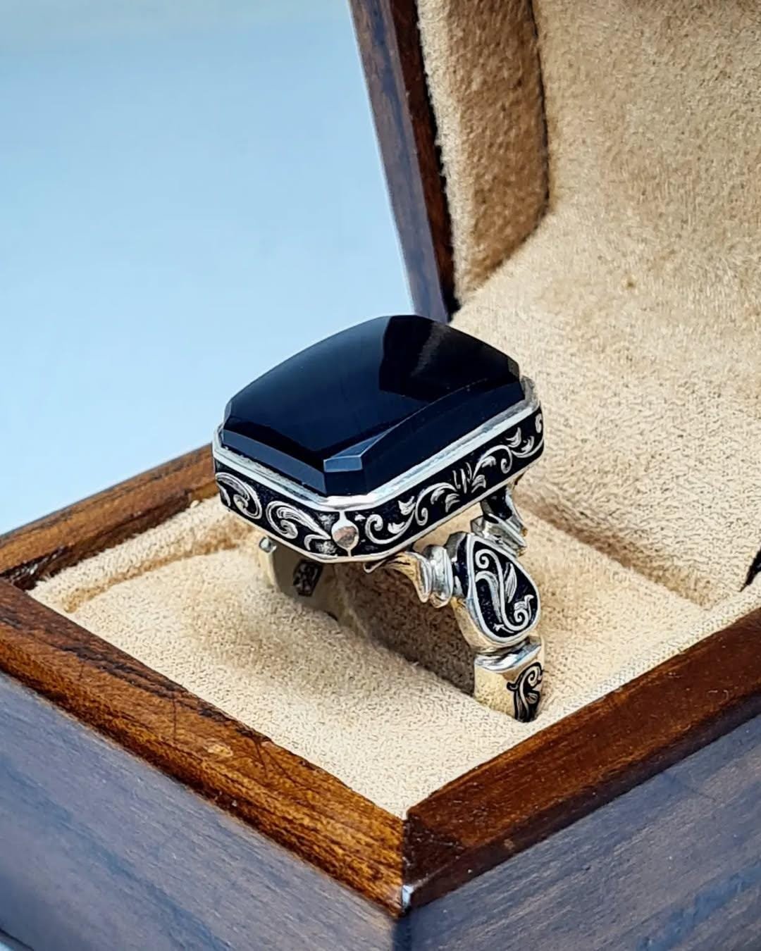 Handmade Black Agate Aqeeq Ring | 925 Sterling Silver Islamic Ring