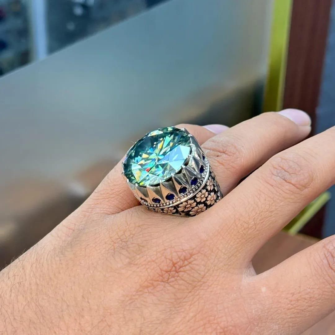 Handmade 10 Carat Green Moissanite Sterling Silver Art Deco Ring - Image 2