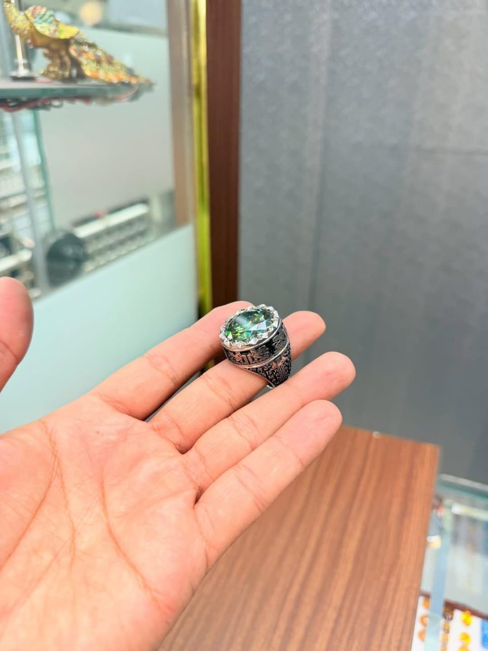 Handmade Green Moissanite Statement Ring – Sterling Silver Art Deco - Image 5