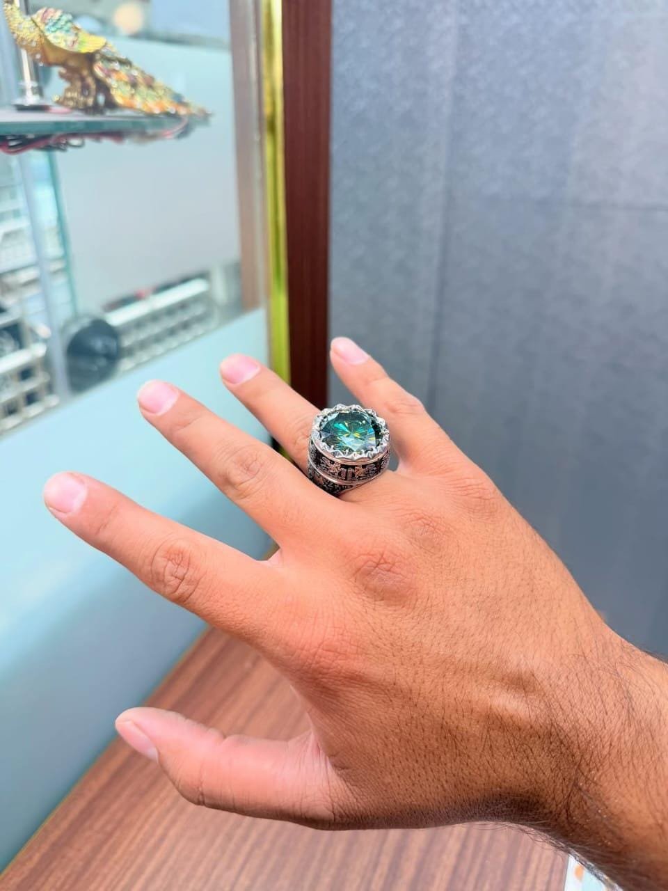 Handmade Green Moissanite Statement Ring – Sterling Silver Art Deco - Image 4