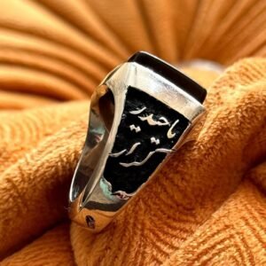 Black Agate Islamic, Mens, Arabic Calligraphy Engraved, Muslim Gift, Handmade Signet Aqeeq Ring