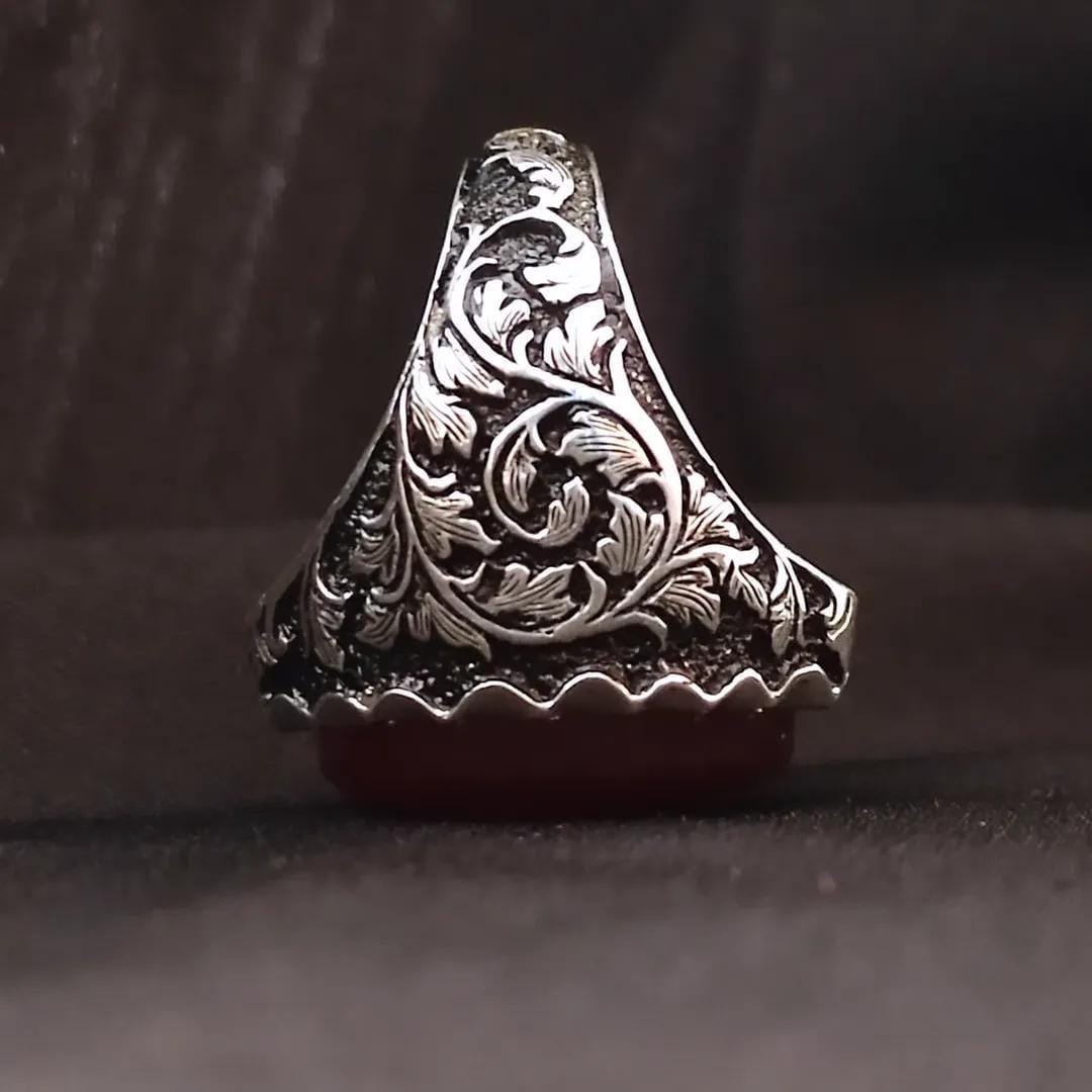 Handmade Turkish, Red Agate Stone, Engraved Ottoman, Red Aqeeq Ring, Islamic Gift for Him - Image 3
