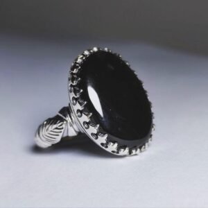 Black Agate Crown, 925 Sterling Silver, Unisex Gothic, Black Aqeeq Stone Statement Ring