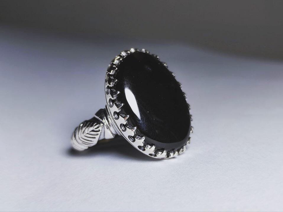 Black Agate Crown, 925 Sterling Silver, Unisex Gothic, Black Aqeeq Stone Statement Ring