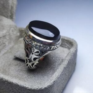 Yemeni Aqeeq, Sterling Silver, Black Agate Stone, Filigree Band, Handmade Islamic, Muslim Gift for Him