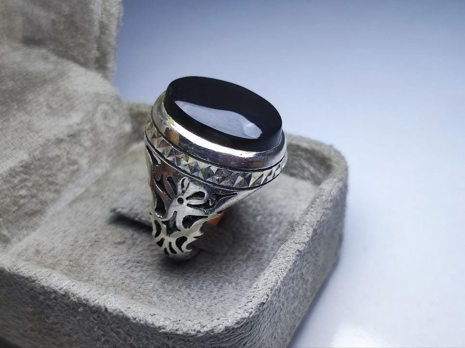 Yemeni Aqeeq, Sterling Silver, Black Agate Stone, Filigree Band, Handmade Islamic, Muslim Gift for Him