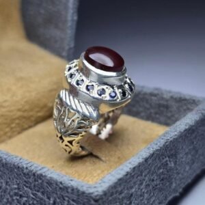 Red Agate, Mens 925 Sterling Silver, Filigree Band, Turkish Handmade, Red Aqeeq Ring, Gift for Him