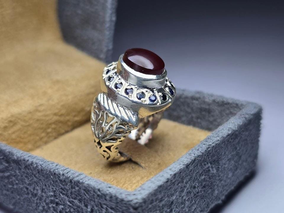Red Agate, Mens 925 Sterling Silver, Filigree Band, Turkish Handmade, Red Aqeeq Ring, Gift for Him