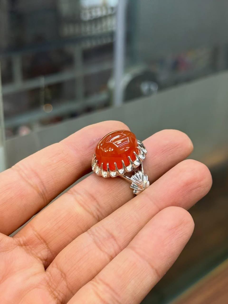 Red Aqeeq Crown Ring, Mens 925 Sterling Silver, Carnelian Leaf Ring, Handmade Islamic Gift - Image 2