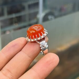 Red Aqeeq Crown Ring, Mens 925 Sterling Silver, Carnelian Leaf Ring, Handmade Islamic Gift