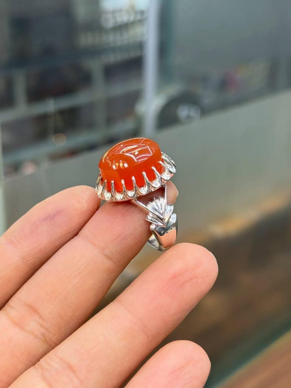 Red Aqeeq Crown Ring, Mens 925 Sterling Silver, Carnelian Leaf Ring, Handmade Islamic Gift