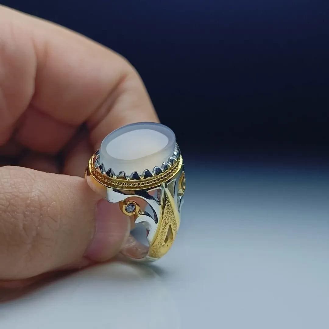 Dur e Najaf, Mens Moonstone, 925 Silver & Gold, Turkish Crown, Islamic Gift - Image 3