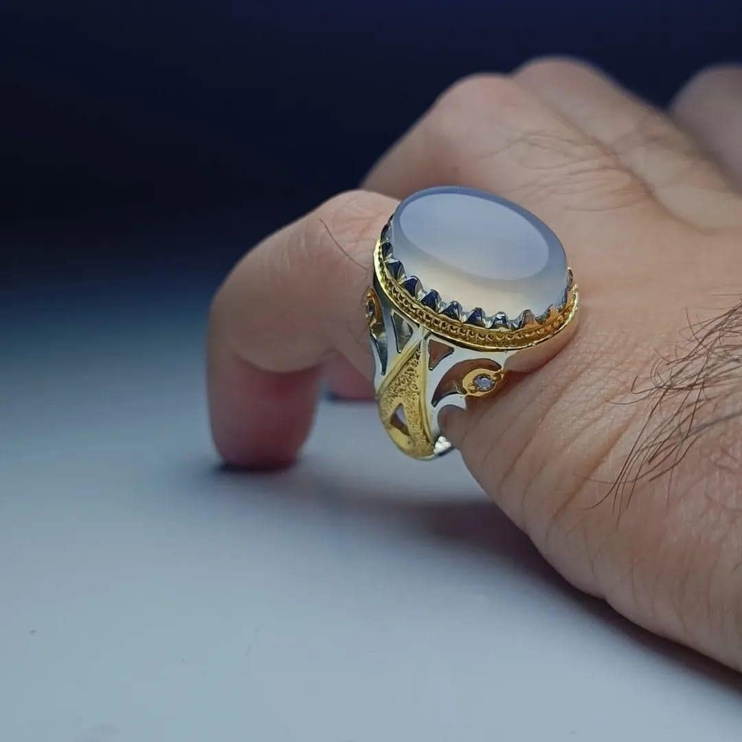 Dur e Najaf, Mens Moonstone, 925 Silver & Gold, Turkish Crown, Islamic Gift - Image 4