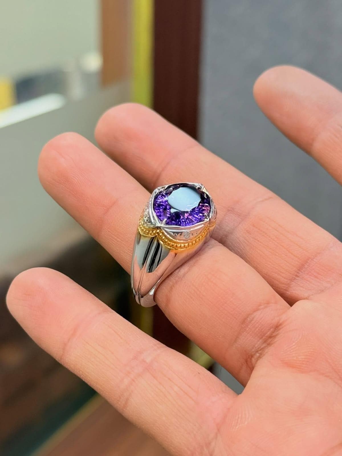 Amethyst Ring Mens Ring 925 Sterling Silver Ring Two Tone Ring Purple Gemstone Signet Ring Handmade Statement Ring Gift for Him - Image 4