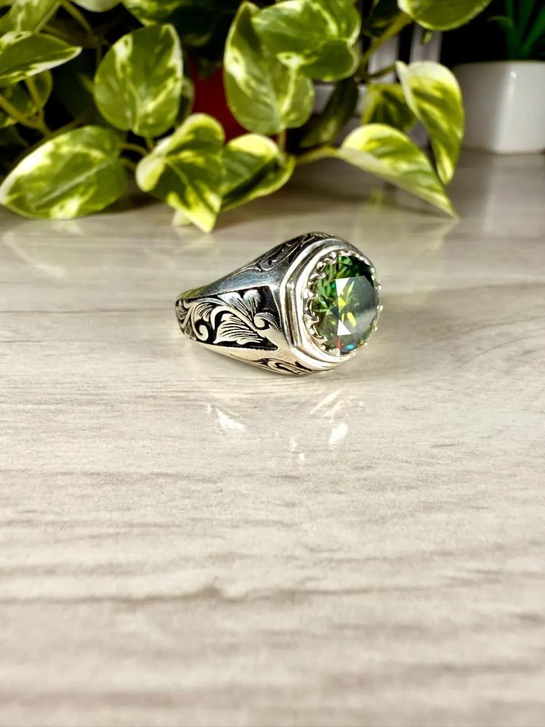 10 Carat Green Moissanite Ring | Handmade Art Deco 925 Sterling Silver - Image 5