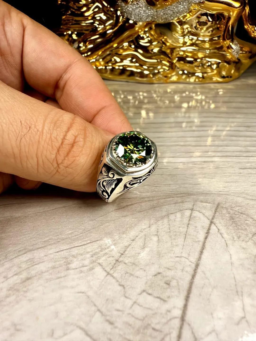 10 Carat Green Moissanite Ring | Handmade Art Deco 925 Sterling Silver - Image 4