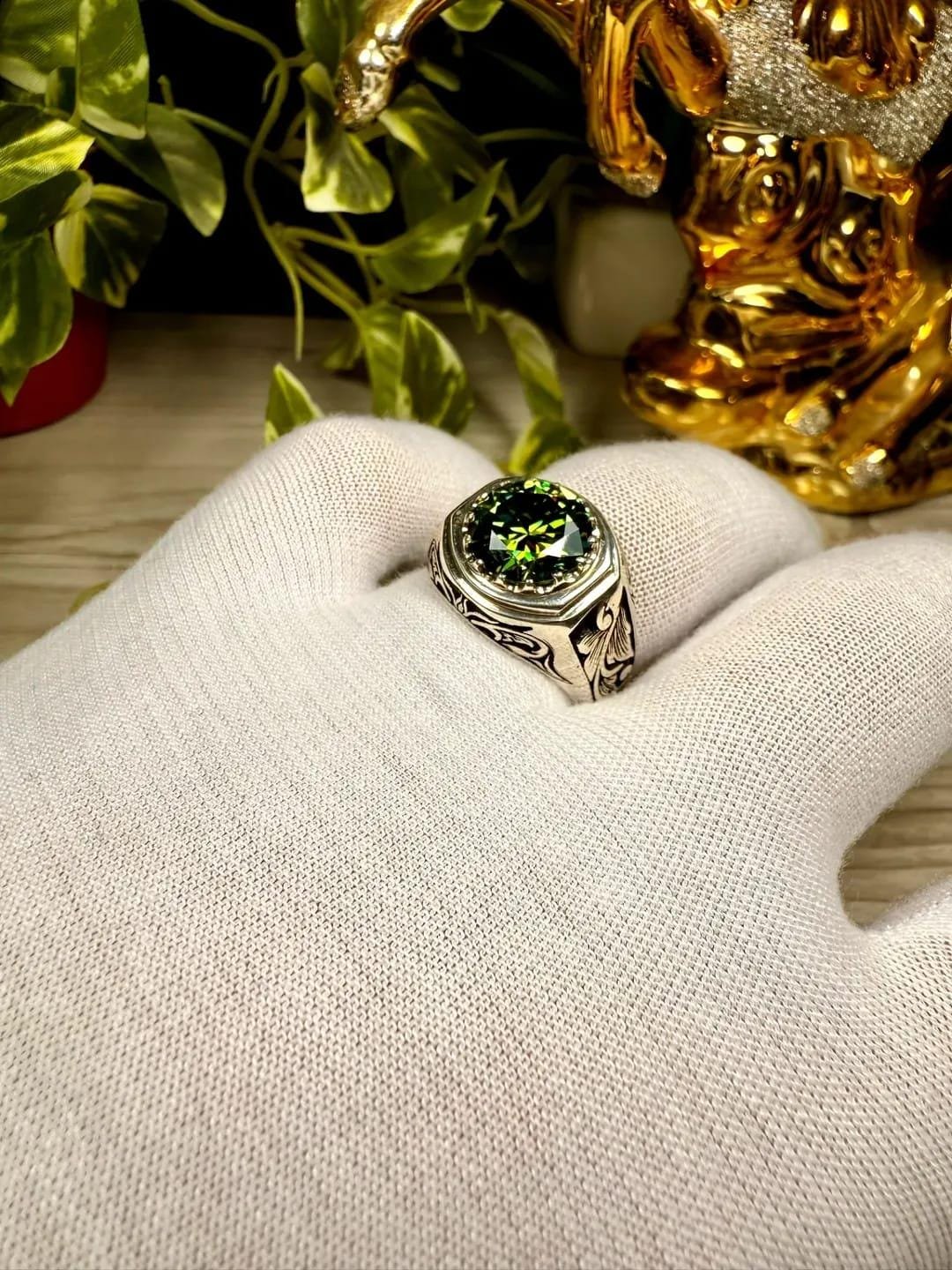 10 Carat Green Moissanite Ring | Handmade Art Deco 925 Sterling Silver - Image 2