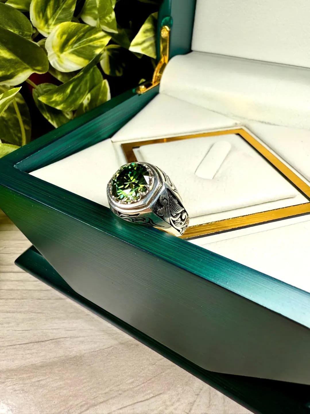 10 Carat Green Moissanite Ring | Handmade Art Deco 925 Sterling Silver