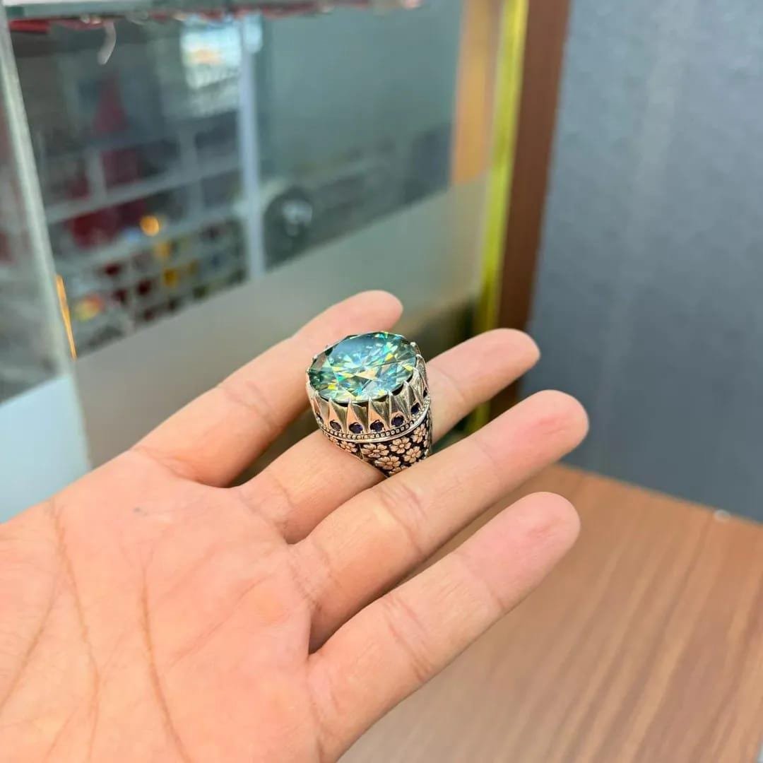 Handmade 10 Carat Green Moissanite Sterling Silver Art Deco Ring - Image 4