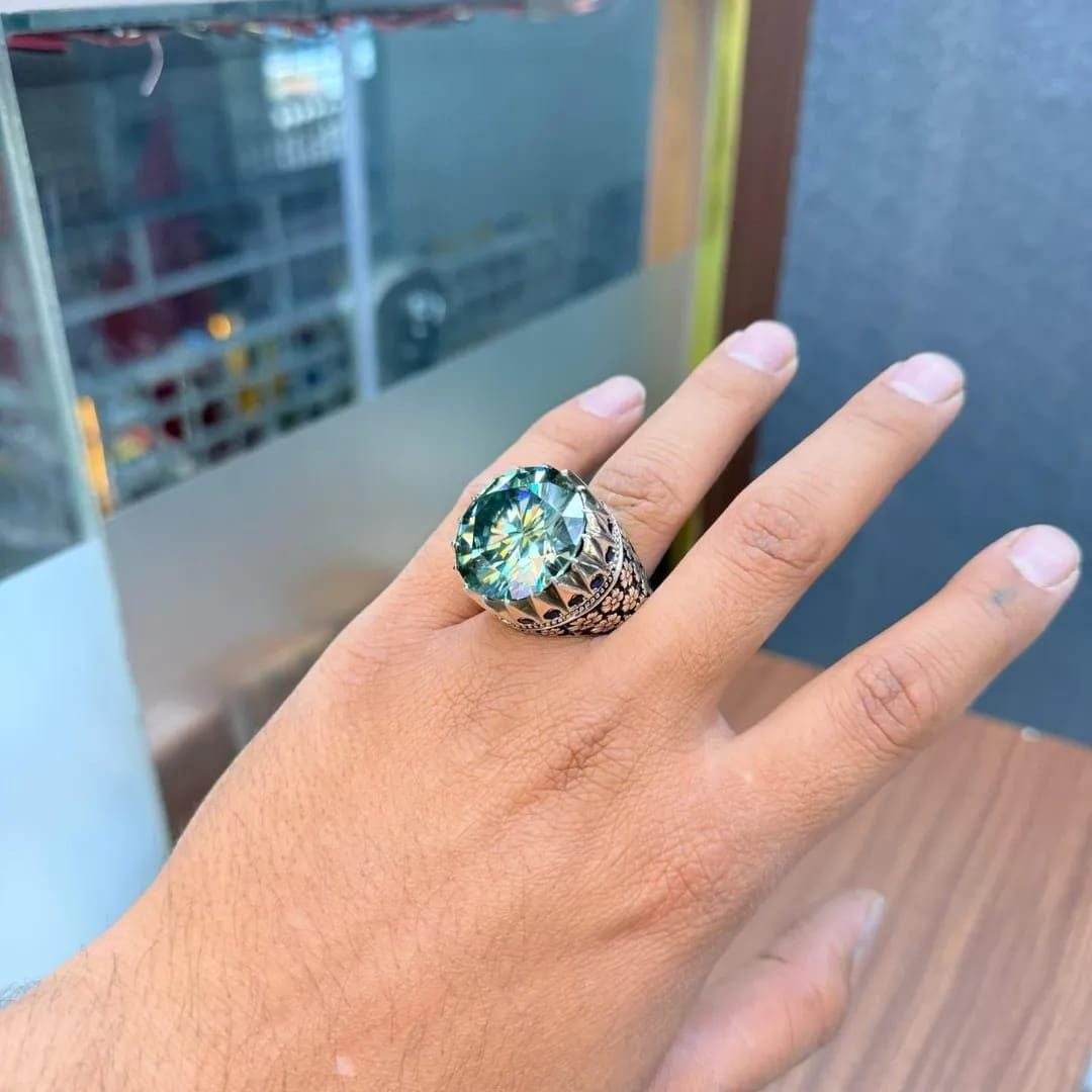 Handmade 10 Carat Green Moissanite Sterling Silver Art Deco Ring - Image 3