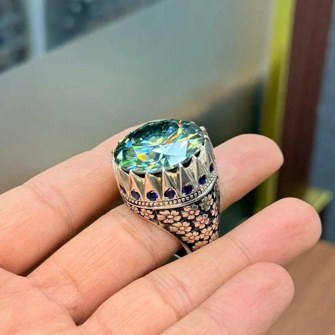 Handmade 10 Carat Green Moissanite Sterling Silver Art Deco Ring