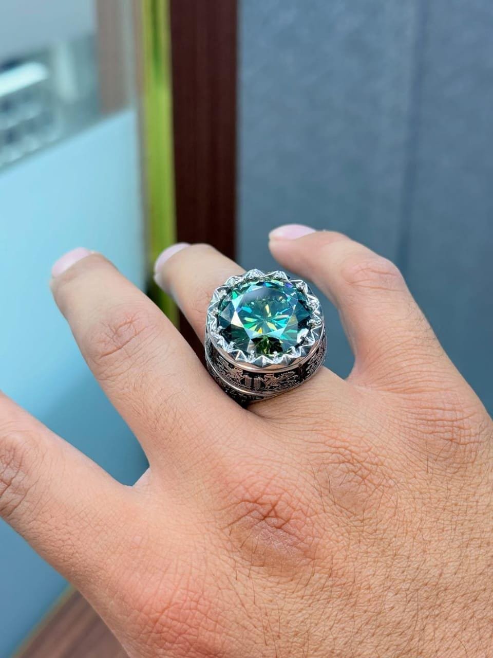 Handmade Green Moissanite Statement Ring – Sterling Silver Art Deco - Image 3