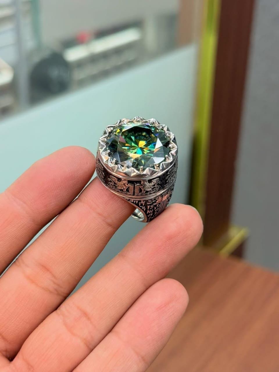 Handmade Green Moissanite Statement Ring – Sterling Silver Art Deco