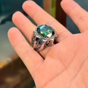 Green Moissanite Ring | Handmade 925 Silver Art Deco Gemstone
