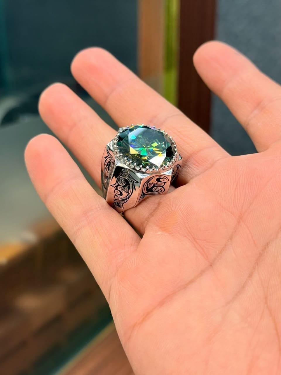 Green Moissanite Ring | Handmade 925 Silver Art Deco Gemstone