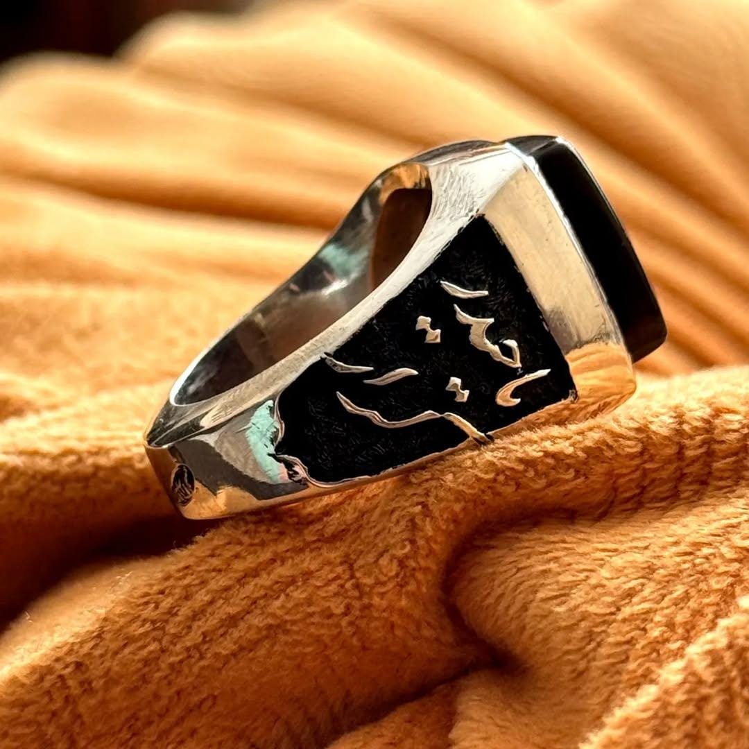 Black Agate Islamic, Mens, Arabic Calligraphy Engraved, Muslim Gift, Handmade Signet Aqeeq Ring - Image 3
