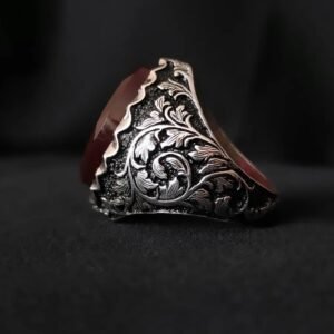 Handmade Turkish, Red Agate Stone, Engraved Ottoman, Red Aqeeq Ring, Islamic Gift for Him