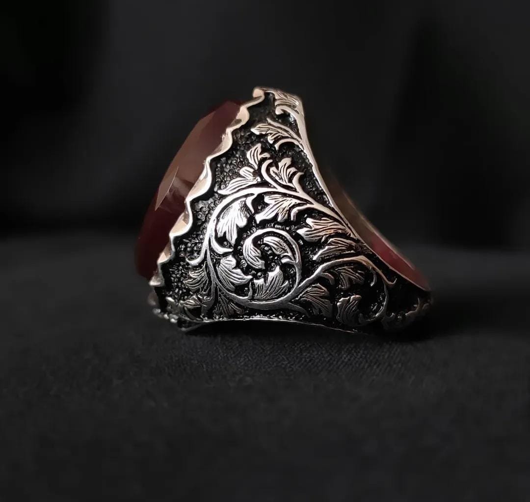 Handmade Turkish, Red Agate Stone, Engraved Ottoman, Red Aqeeq Ring, Islamic Gift for Him